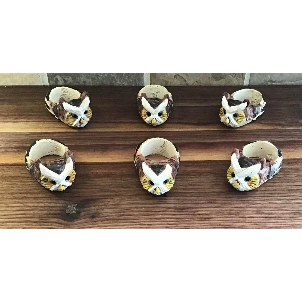 Hand Carved Wood Owl Napkin Rings Set of 6 Rustic Cabin Cottagecore Boho Indie‎
